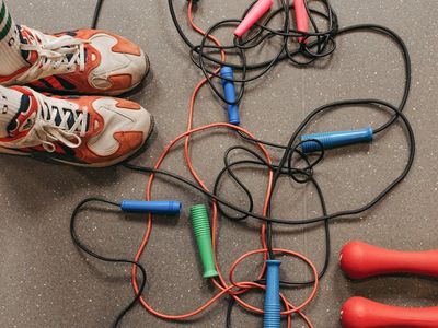 Close up of a jump rope on the floor.